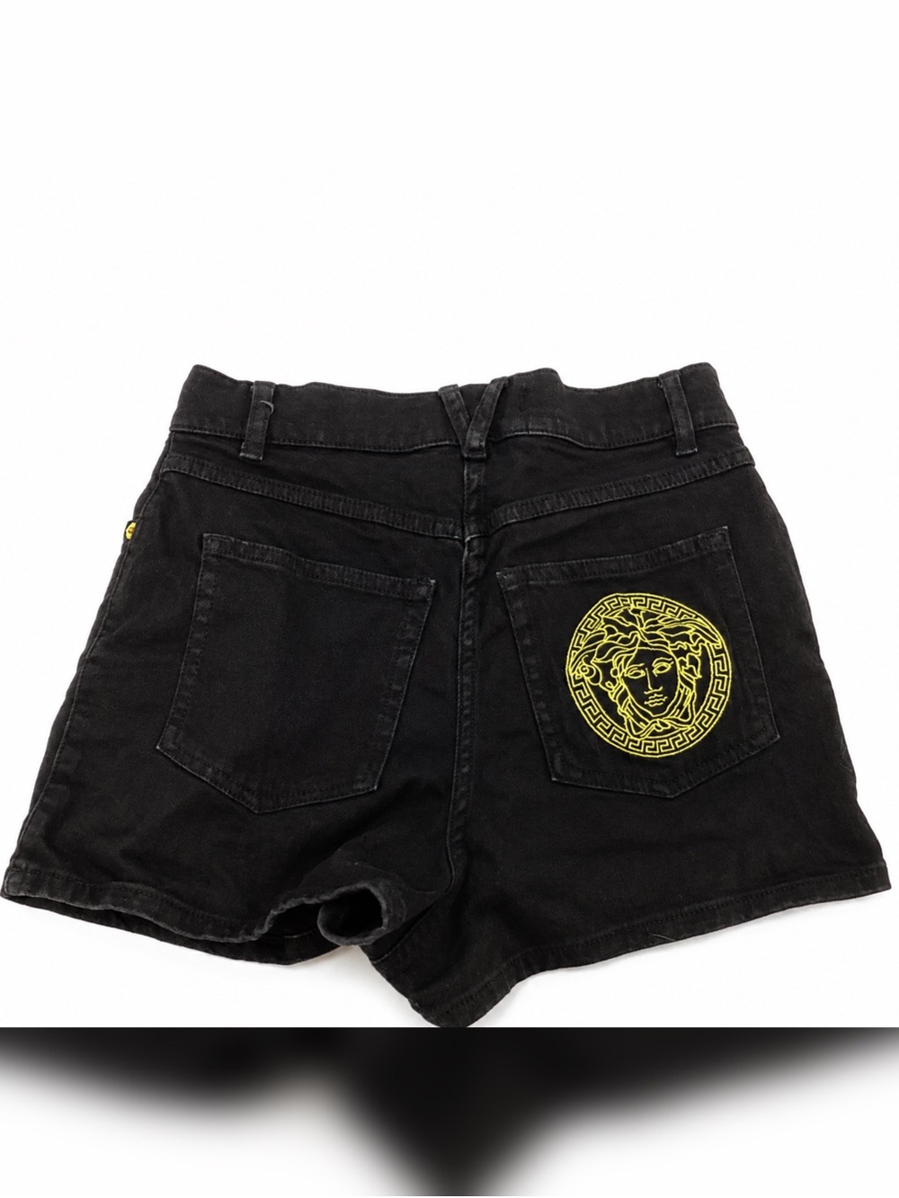 Versace Black Denim Shorts with Gold Medusa Pocket Embroidery